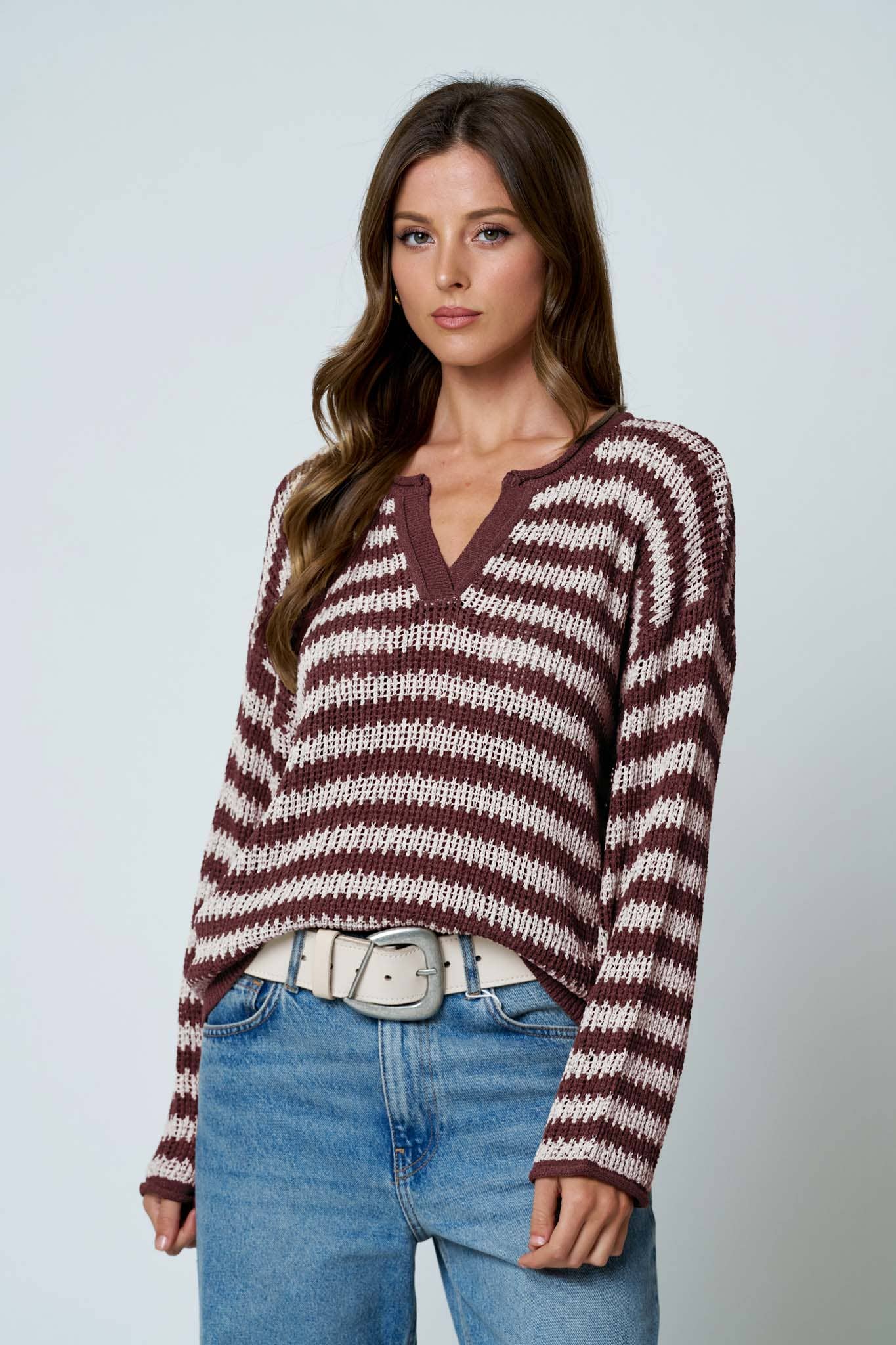 STRIPE RAW EDGE SPLIT NECK SHEER KNIT SWEATER