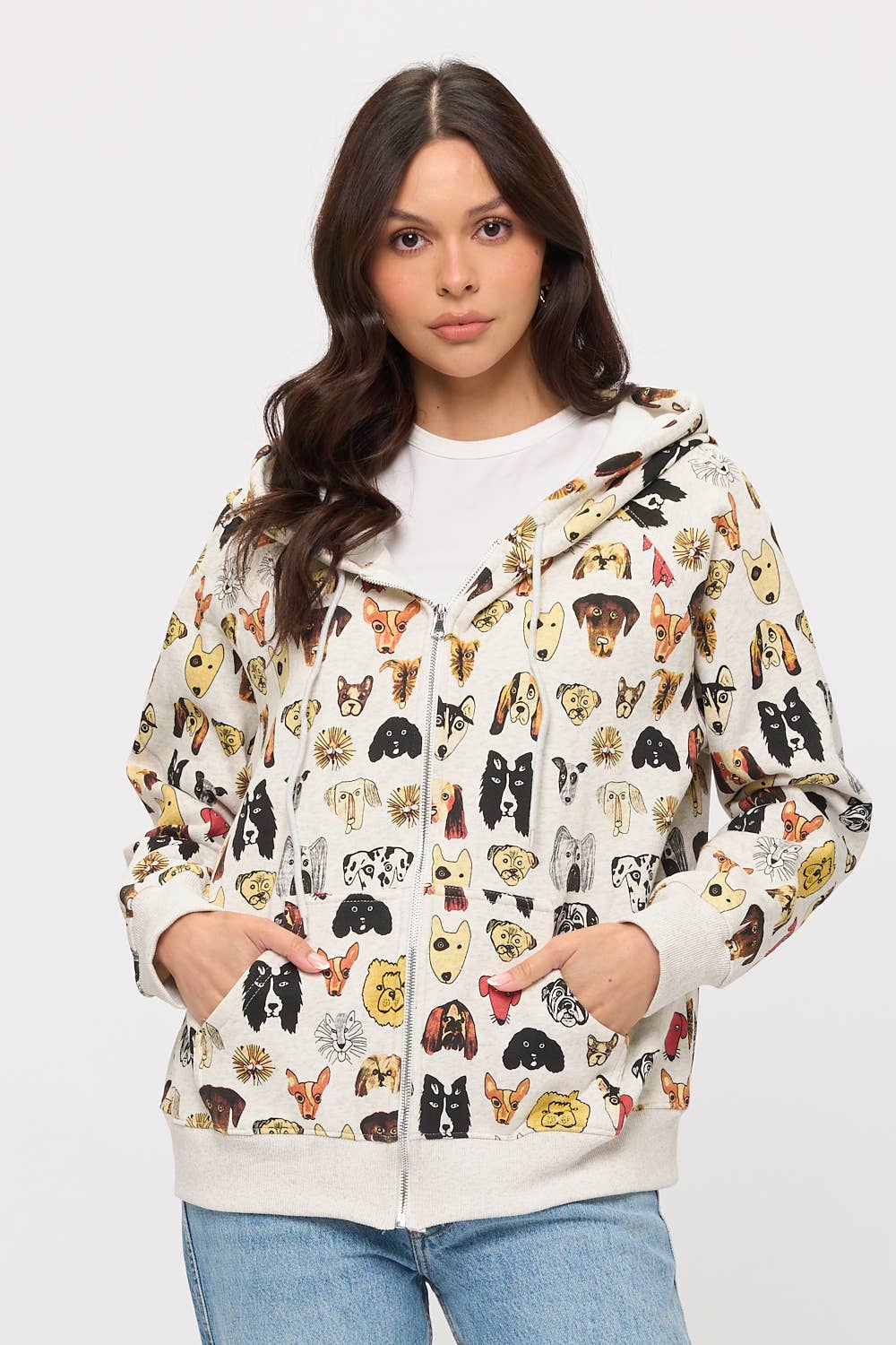 COLORFUL DOG FACES PRINT ZIP UP HOODIE