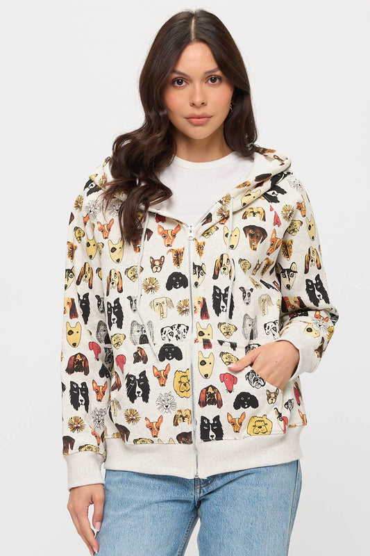 COLORFUL DOG FACES PRINT ZIP UP HOODIE