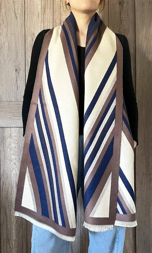 Elegant Geometric Striped Cashmere Large Wrap Scarf