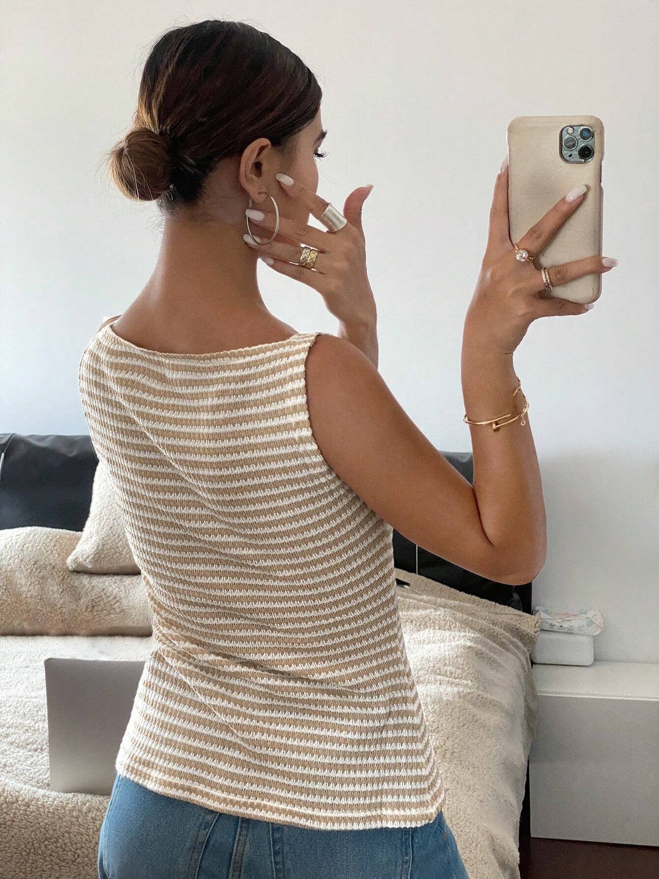 Striped Button Front Sleeveless Tank Top