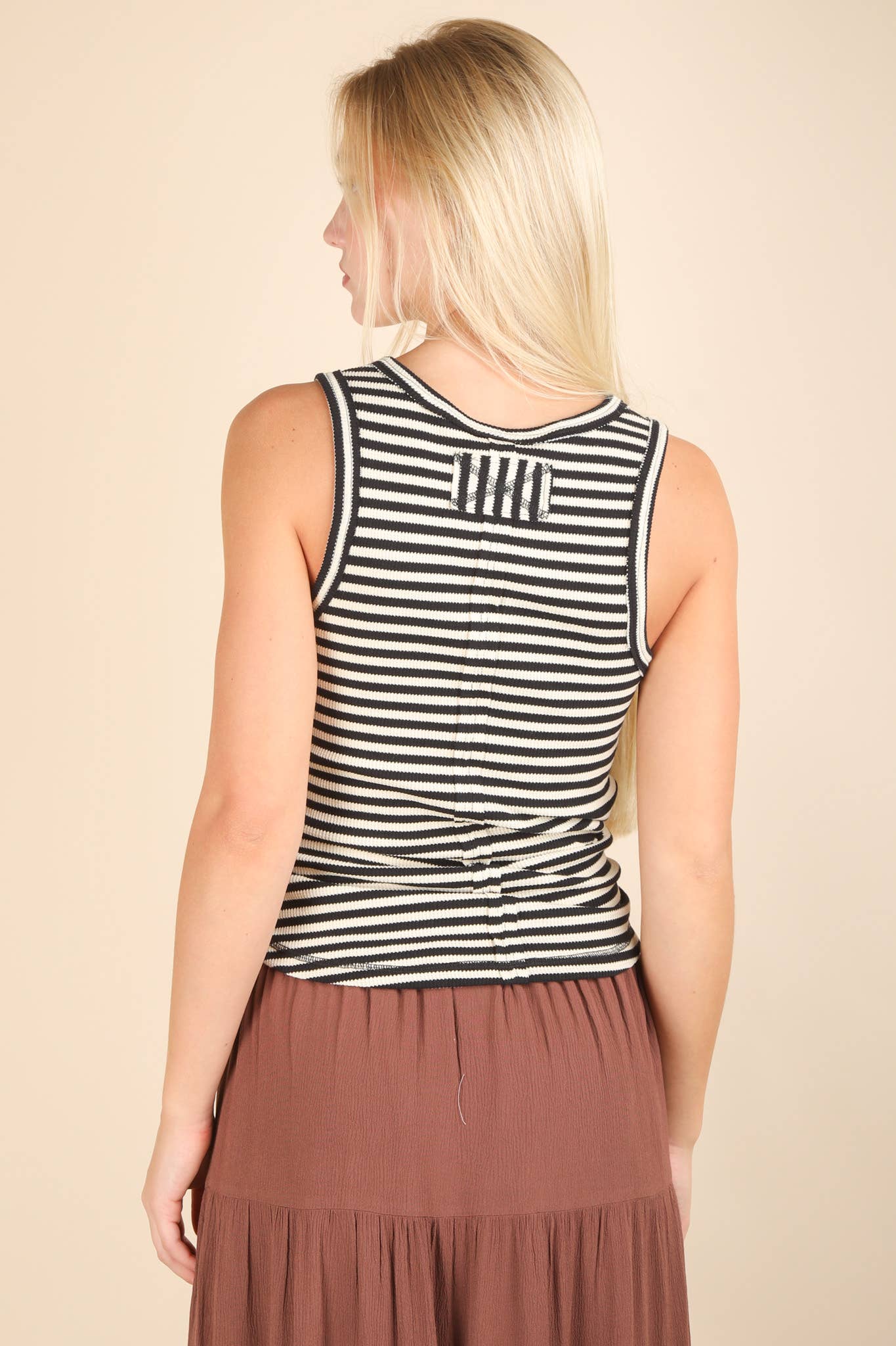 Striped & Solid Button Down Fitted Knit Tank Top
