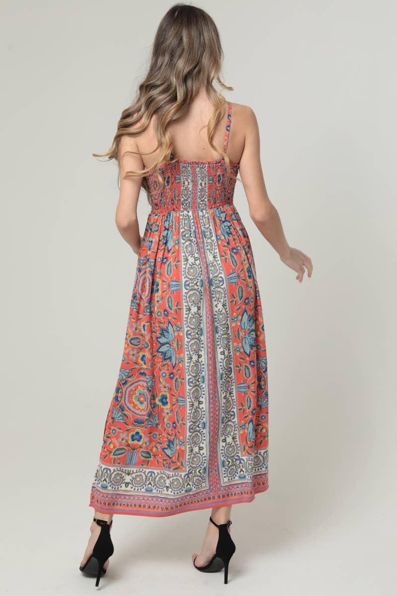 V NECK SMOCKED BODICE MAXI DRESS WITH POCKETS
