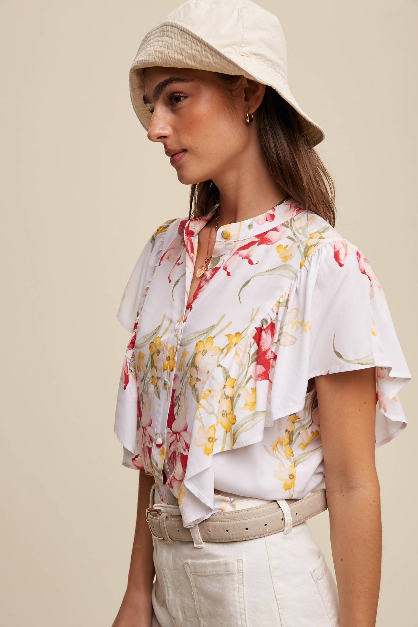 Floral Flutter Sleeve Blouse