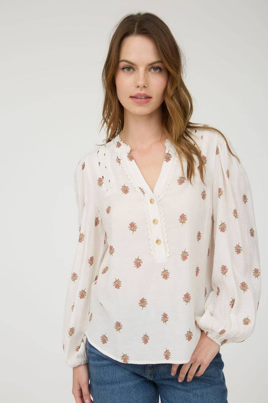 FLORAL SCALLOP TRIM LONG SLEEVE HALF BUTTON TOP