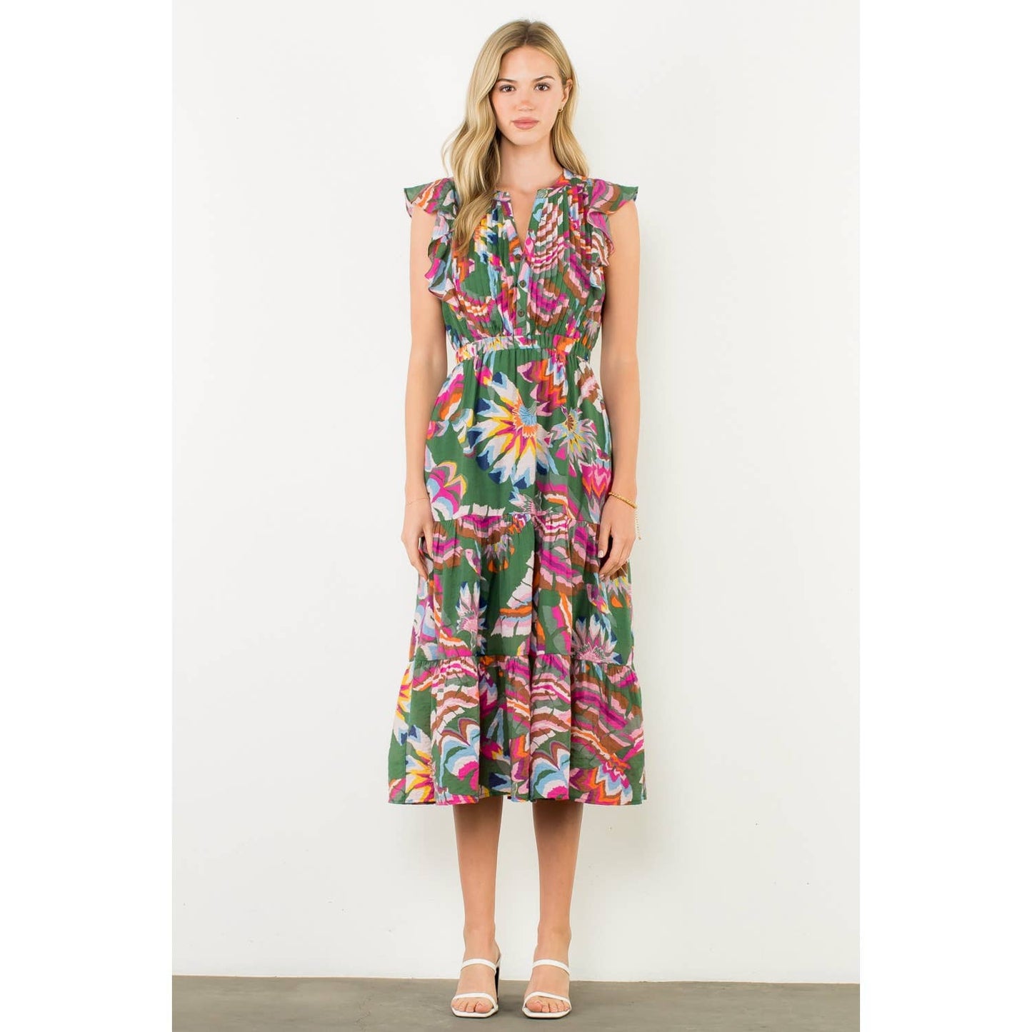 Pleated Ruffle Flutter Sleeve Midi Dress