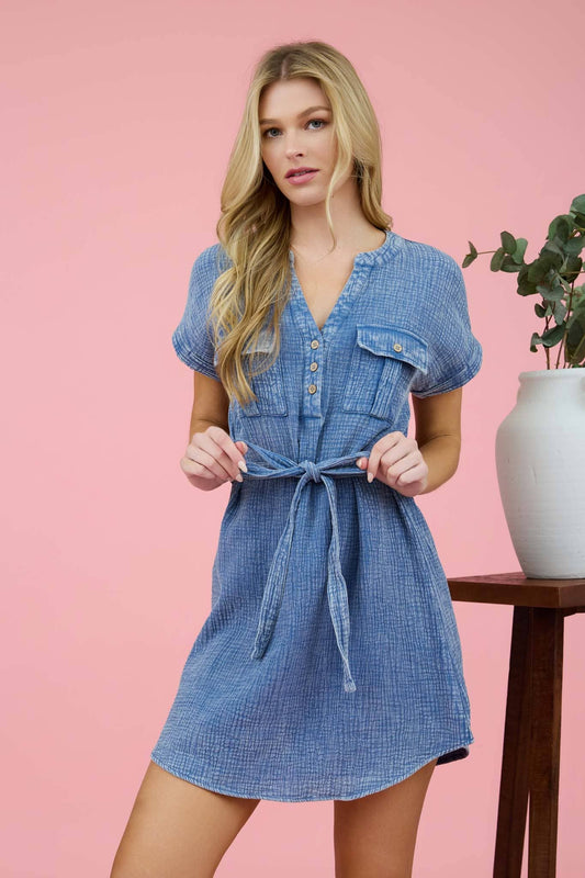 WASHED HALF BUTTON WAIST TIE MINI DRESS