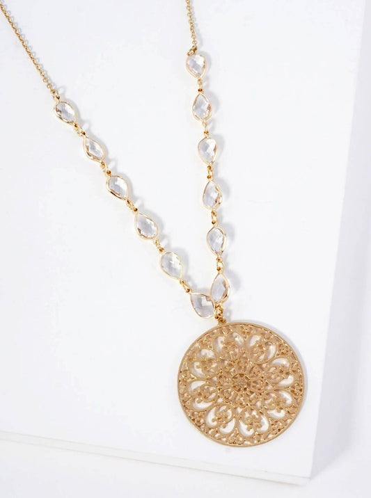 33 Inch Stenciled Round Medallion Long Pendant Necklace