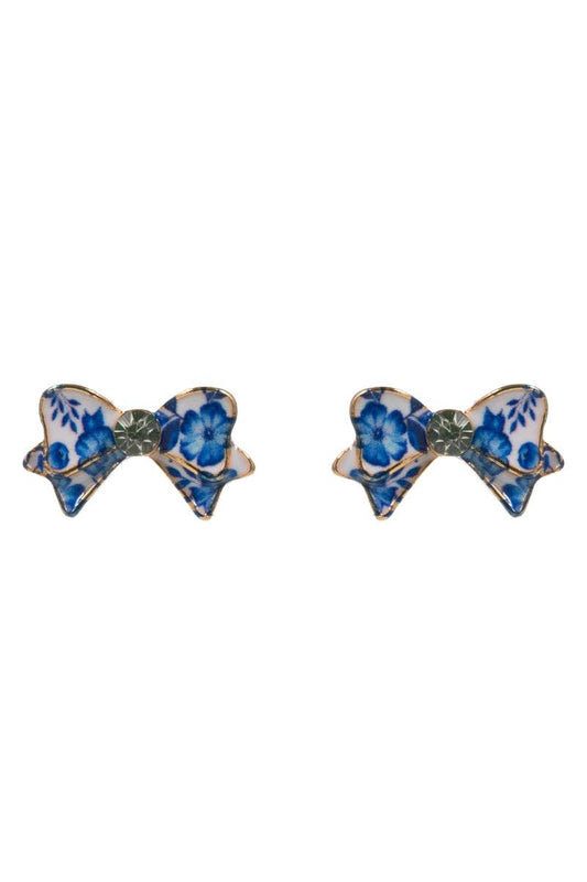 Flower Print On Enamel Bow Titanium Post Earrings