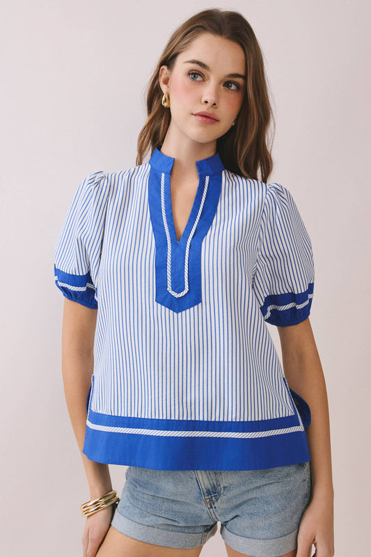 Striped Puff Sleeve Contrast Trim Top