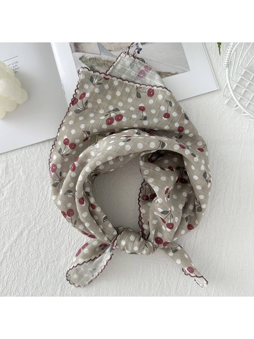 Vintage Polka Dot Neck Scarf with Cherry Patterns