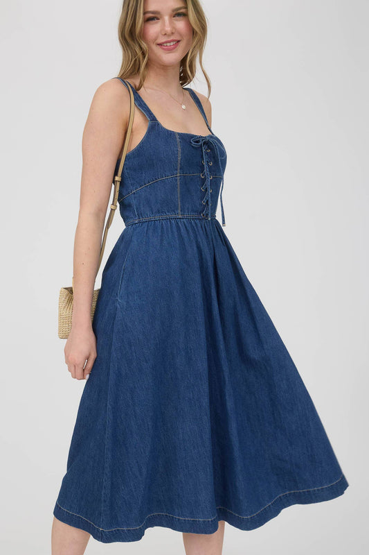 LACE UP SLEEVELESS DENIM MIDI DRESS