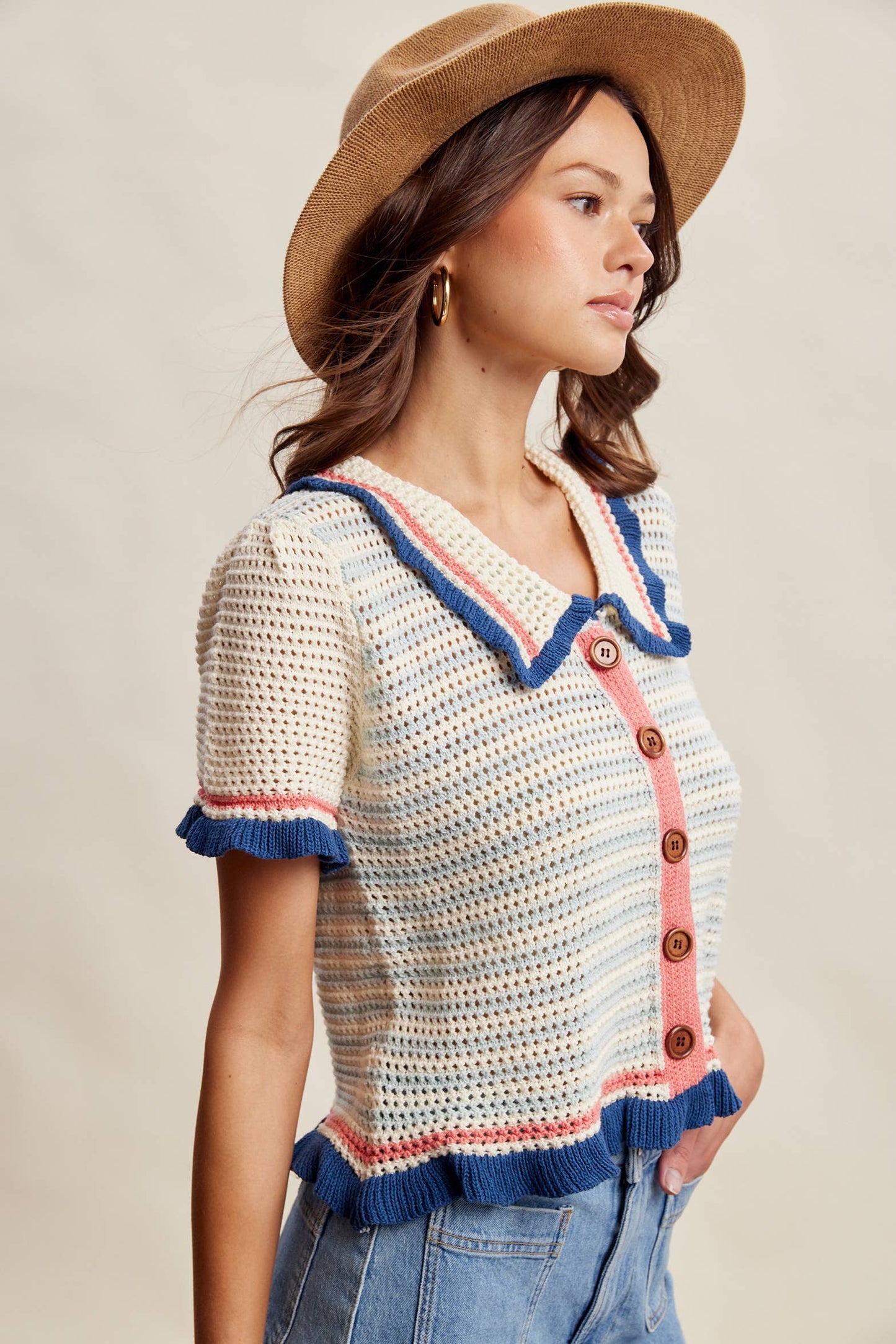 Ruffle Trim Crochet Knit Cardigan