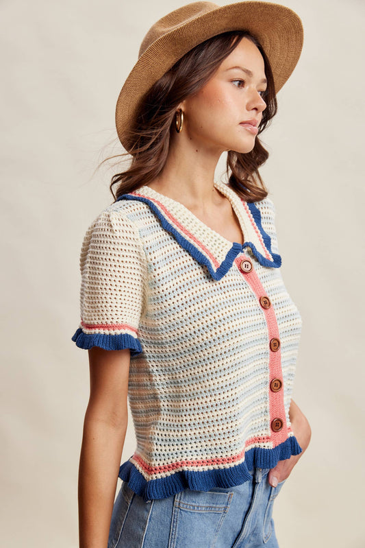 Ruffle Trim Crochet Knit Cardigan