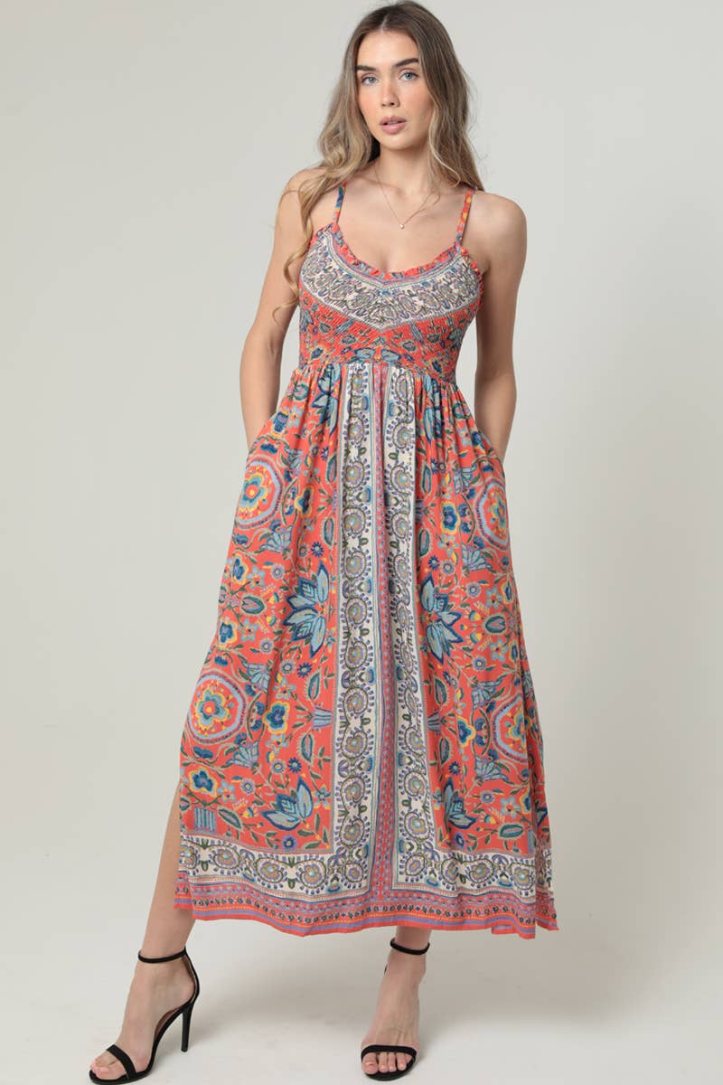 V NECK SMOCKED BODICE MAXI DRESS WITH POCKETS