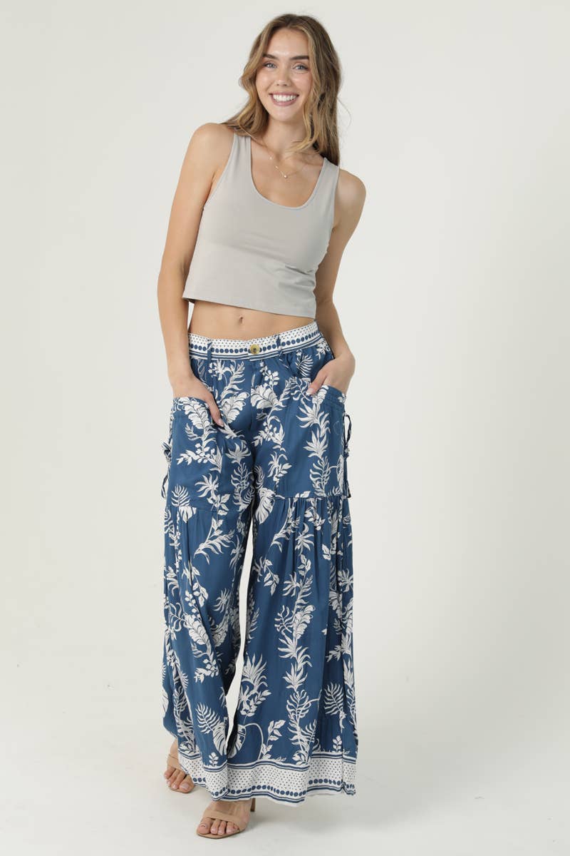 WIDE LEG PRINTED PANTS WITH BUTTON WAIST AND SIDE