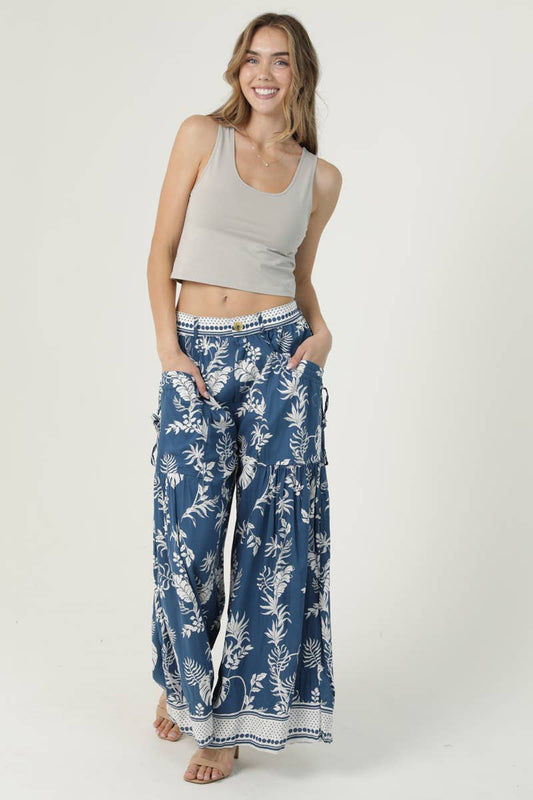 WIDE LEG PRINTED PANTS WITH BUTTON WAIST AND SIDE