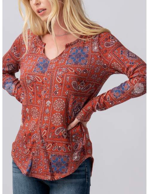 PAISLEY PRINT V NECK LONG SLEEVE KNIT TOP