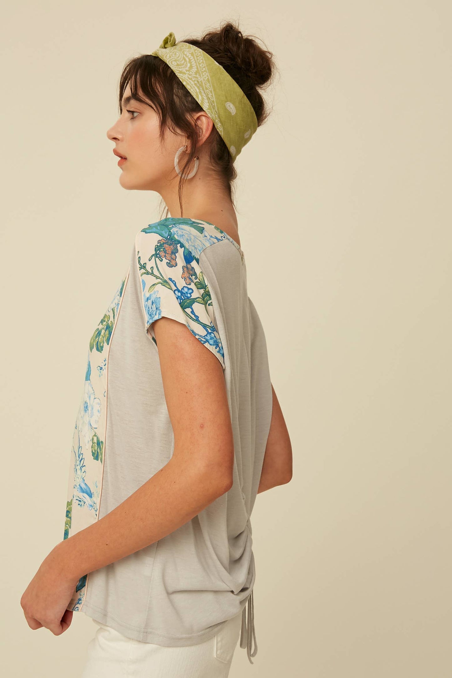 Floral Mixed Fabric V-Neck Blouse
