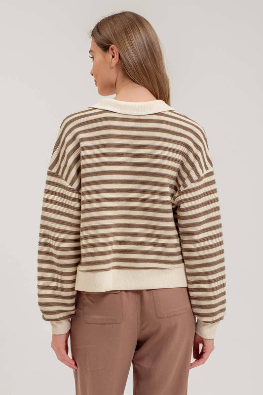 STRIPED COLLARED LONG SLEEVE POLO KNIT TOP