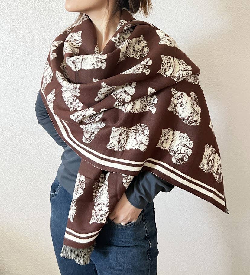 Kitten Print Reversible Cashmere Wrap Scarf