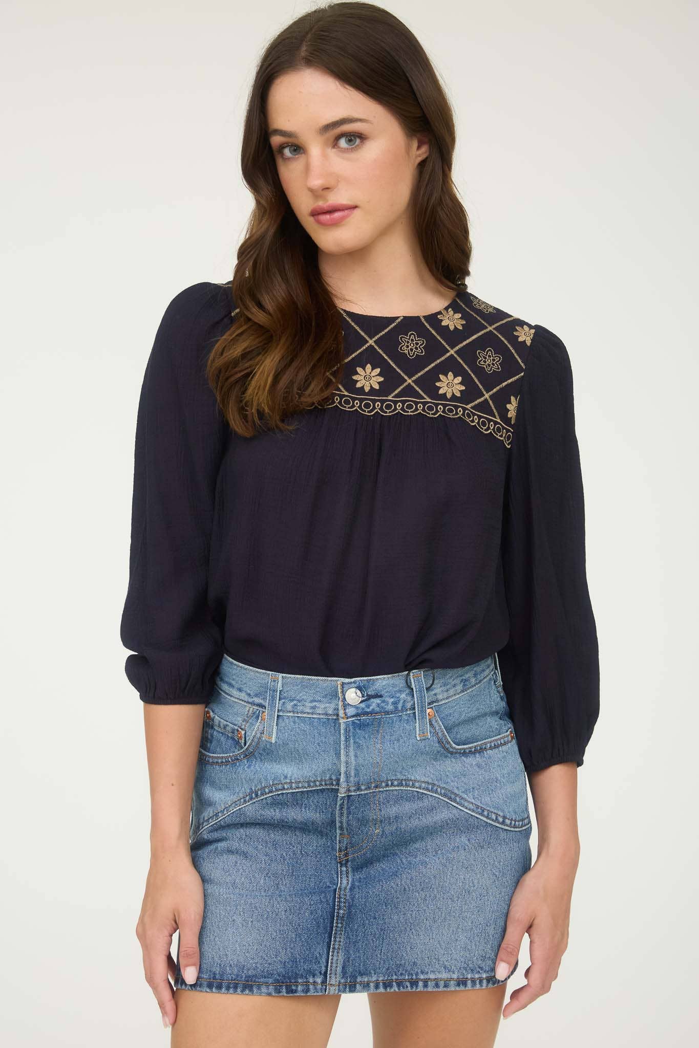 FLORAL EMBROIDERED YOKE 3/4 SLEEVE BLOUSE