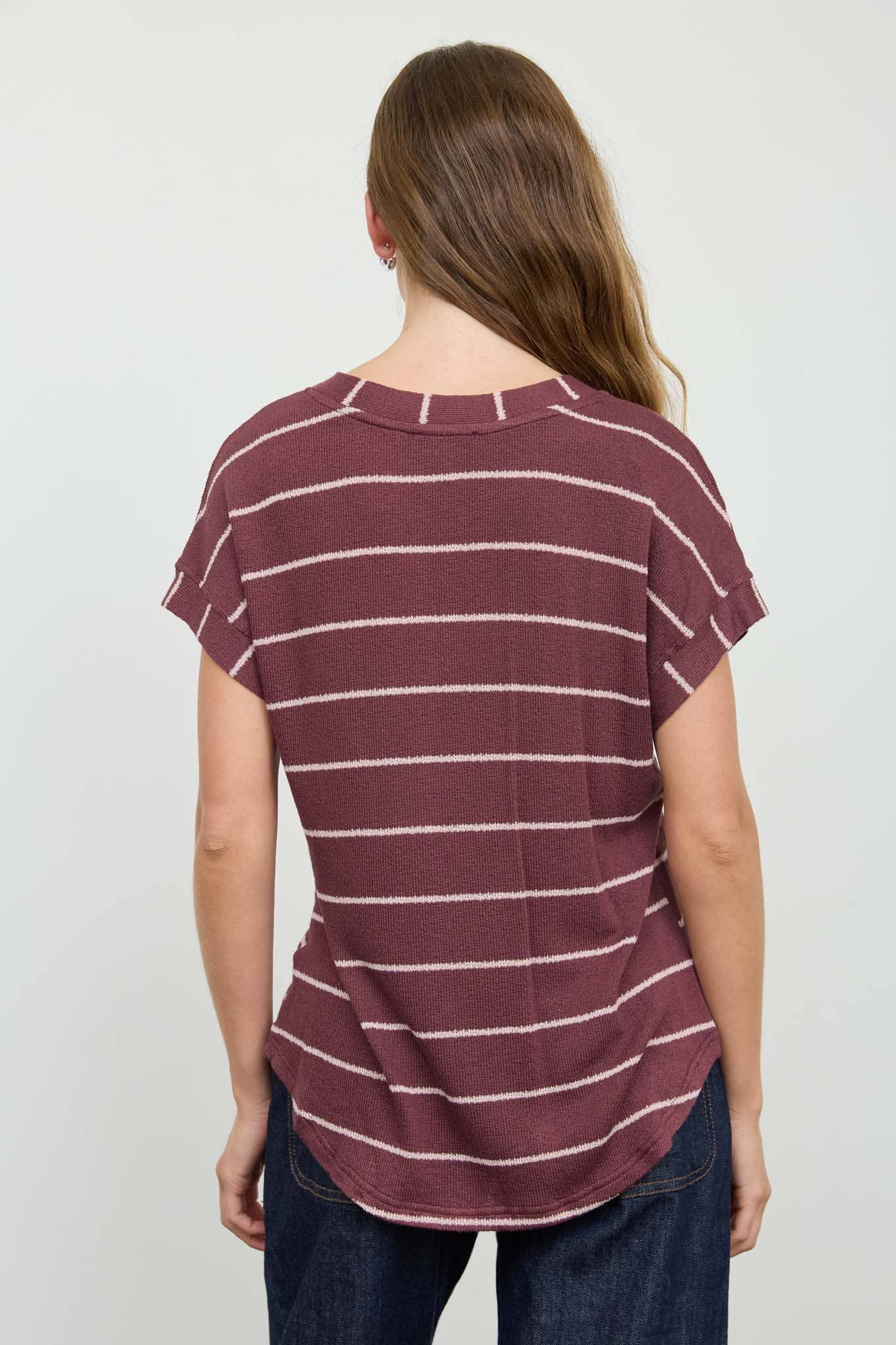 STRIPE V NECK CUFFED SLEEVE KNIT TOP