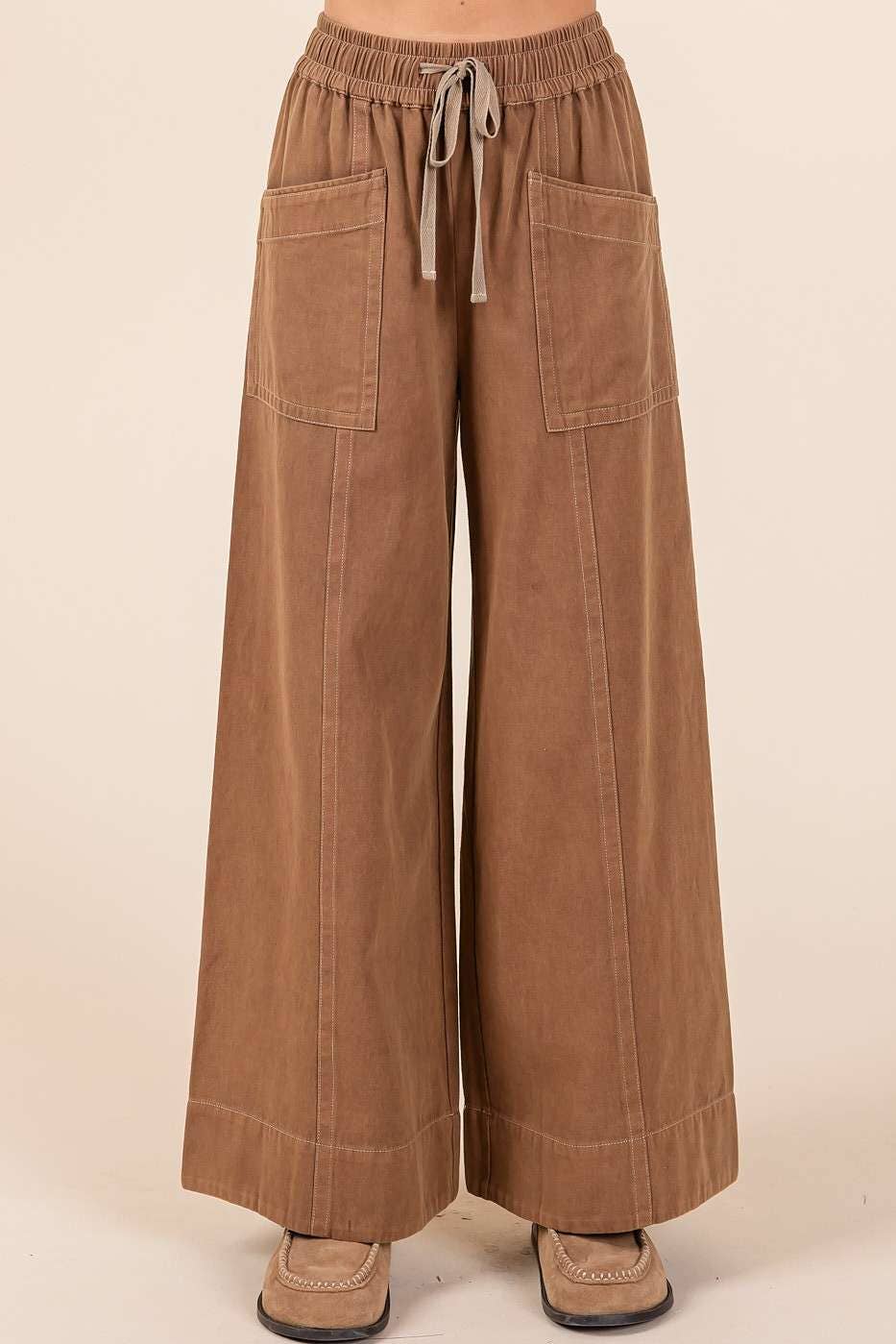 MINERAL WASH WIDE LEG ELASTIC WAIST TWILL PANTS