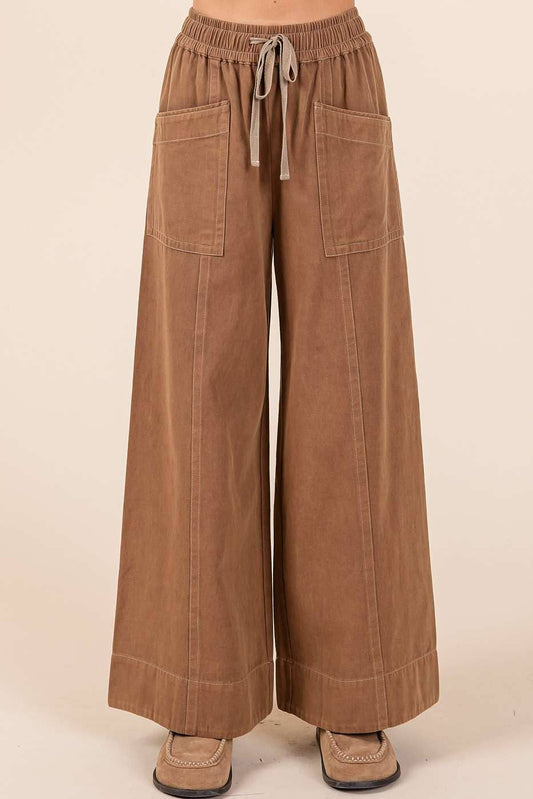 MINERAL WASH WIDE LEG ELASTIC WAIST TWILL PANTS
