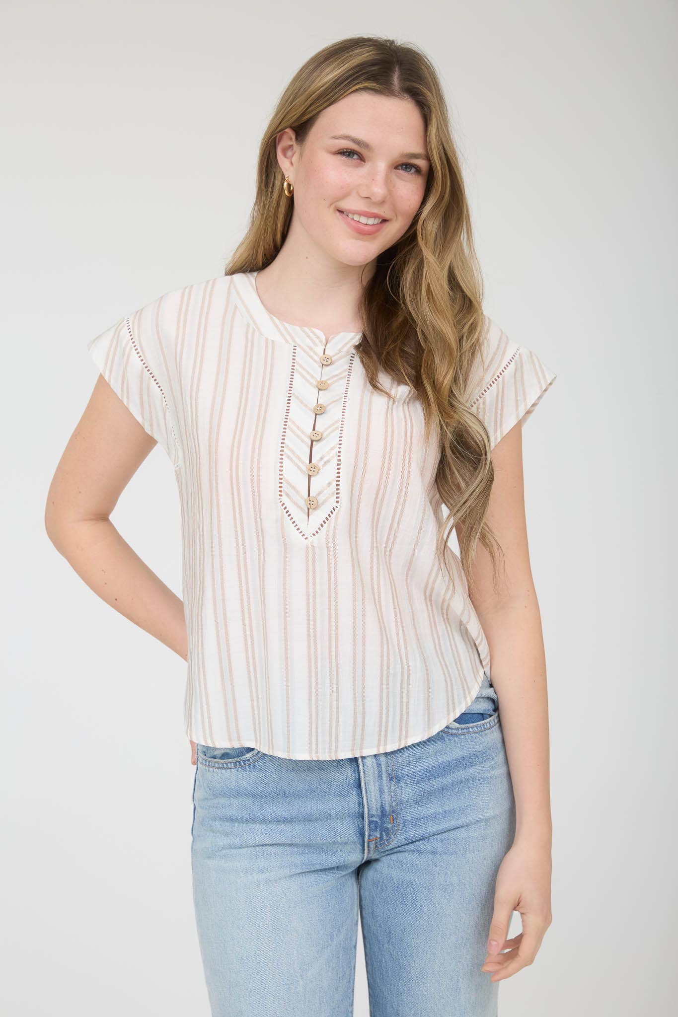 STRIPE HALF BUTTON LADDER LACE TRIM TOP