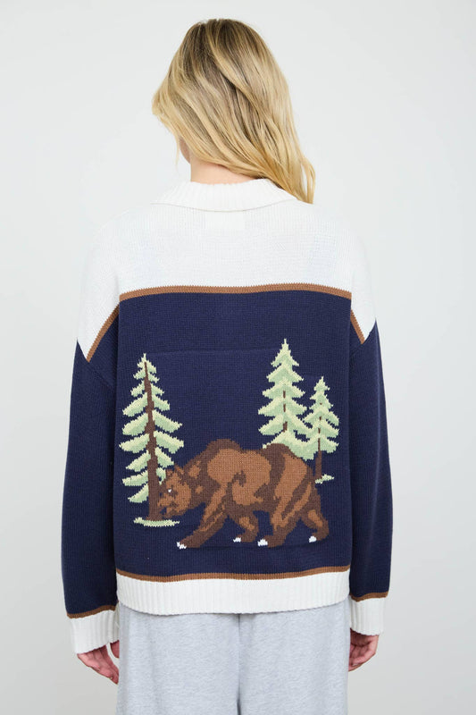BEAR INTARSIA MOTIF KNIT CARDIGAN SWEATER