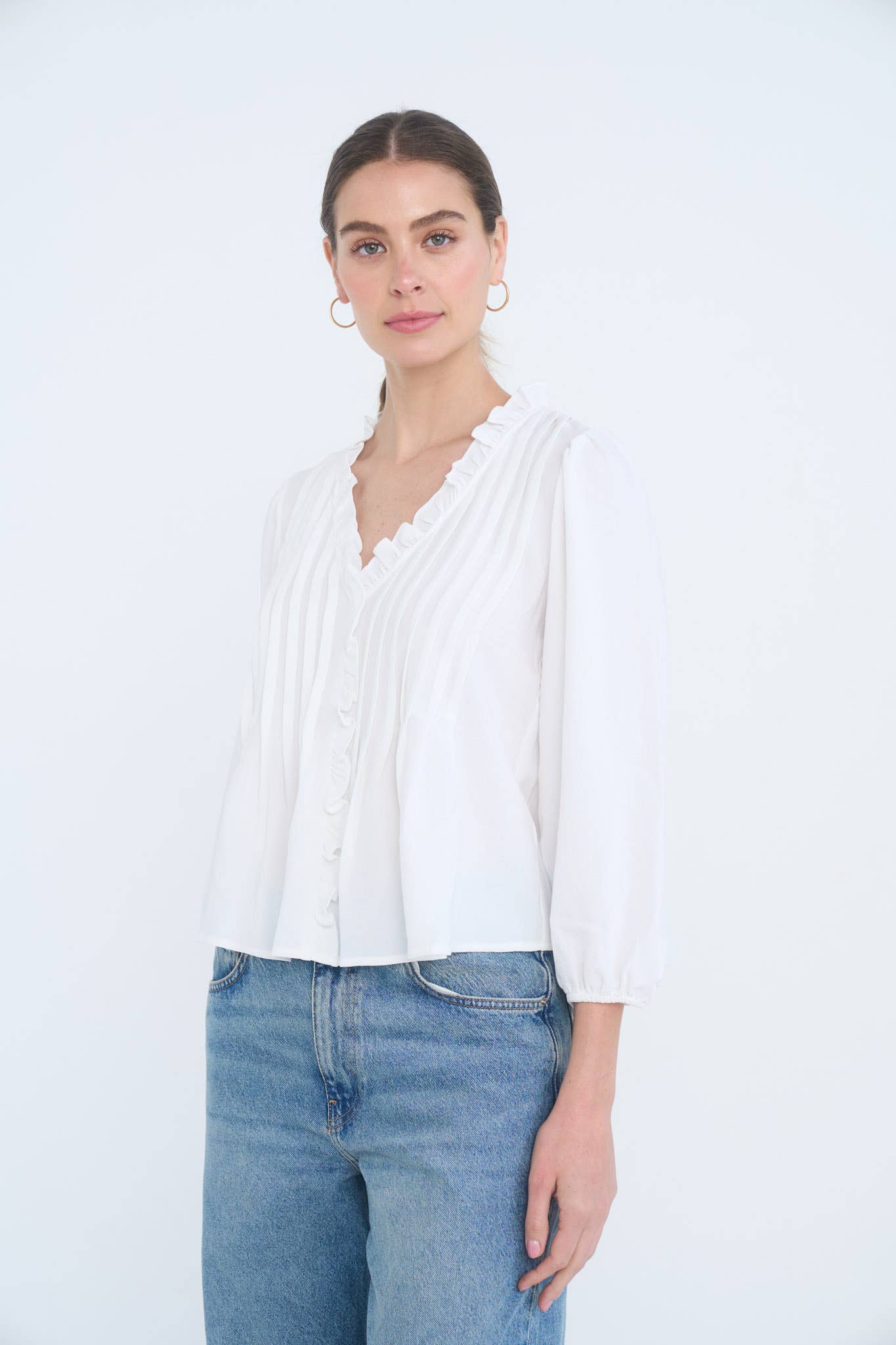 3/4 SLEEVE RUFFLE TRIM PINTUCK DETAIL BLOUSE