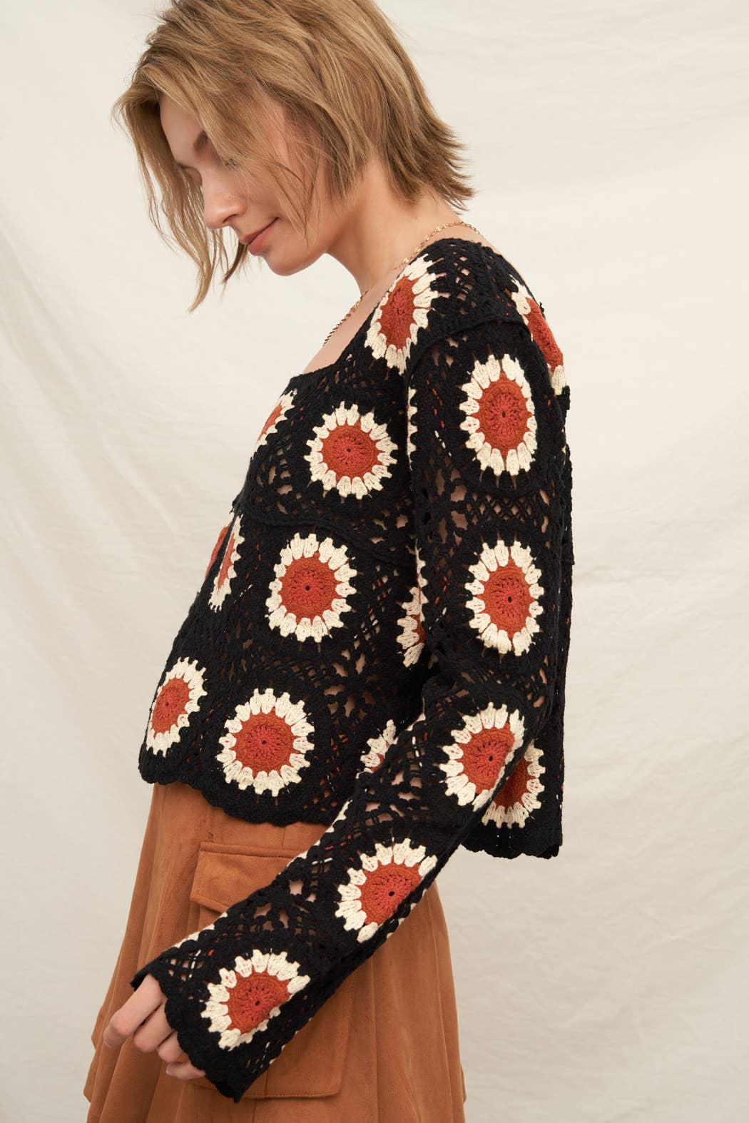 Long Sleeve Sunflower Crochet Square Neck Top