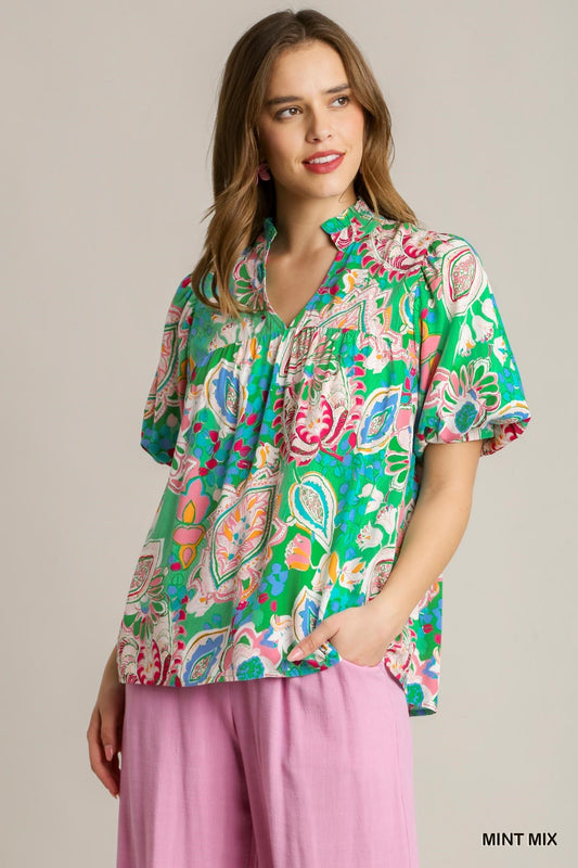 Mixed Print Pleated Top