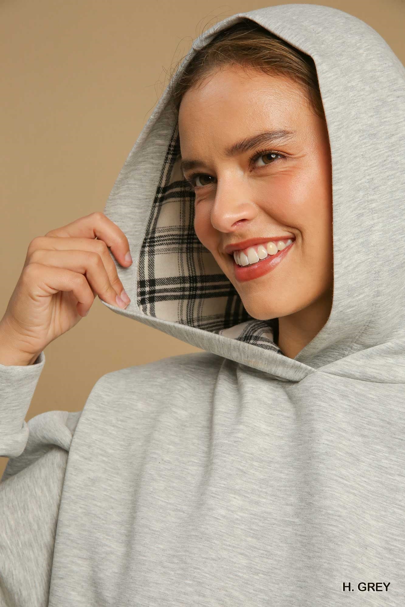 Boxy Luxe Knit Hoodie w/Plaid Lining