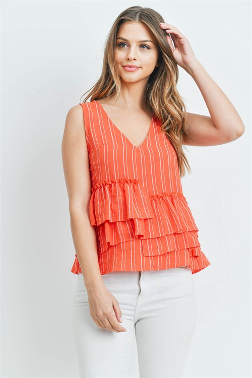 Striped Ruffled Sleeveless Top