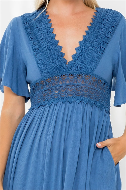 Lace Trim Empire Waist Midi Length Dress
