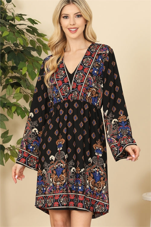 Flared Sleeve Printed Dress