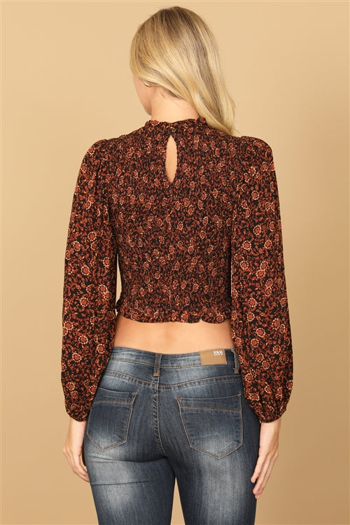 Smocked Fall Print Crop Top