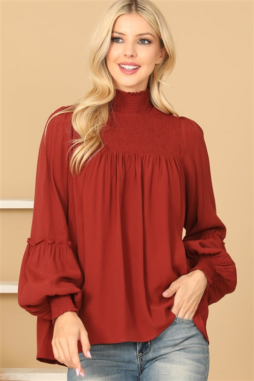 Shirred High Neck Puff Sleeve Top