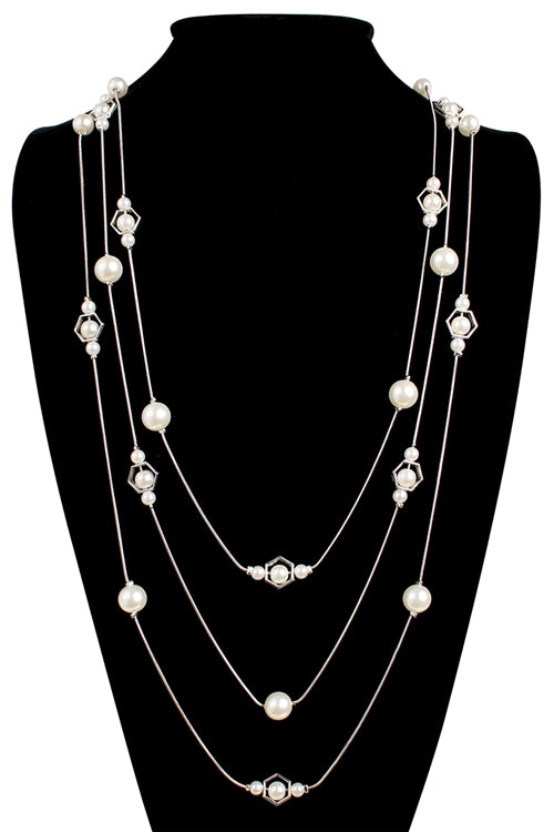 Silver and Pearl Station Multi-strand Necklace