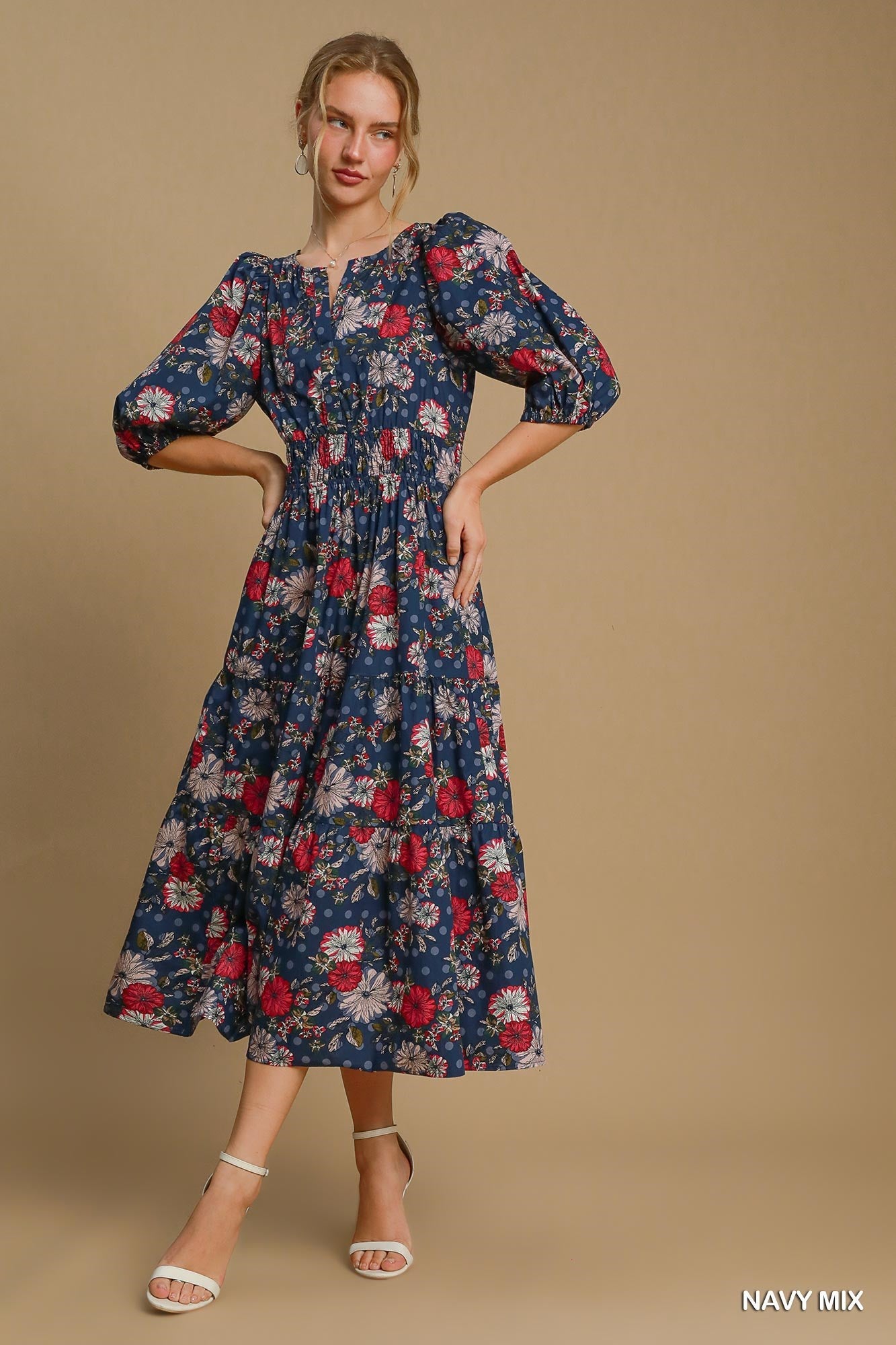 Split Neck Floral Print Tiered Maxi Dress