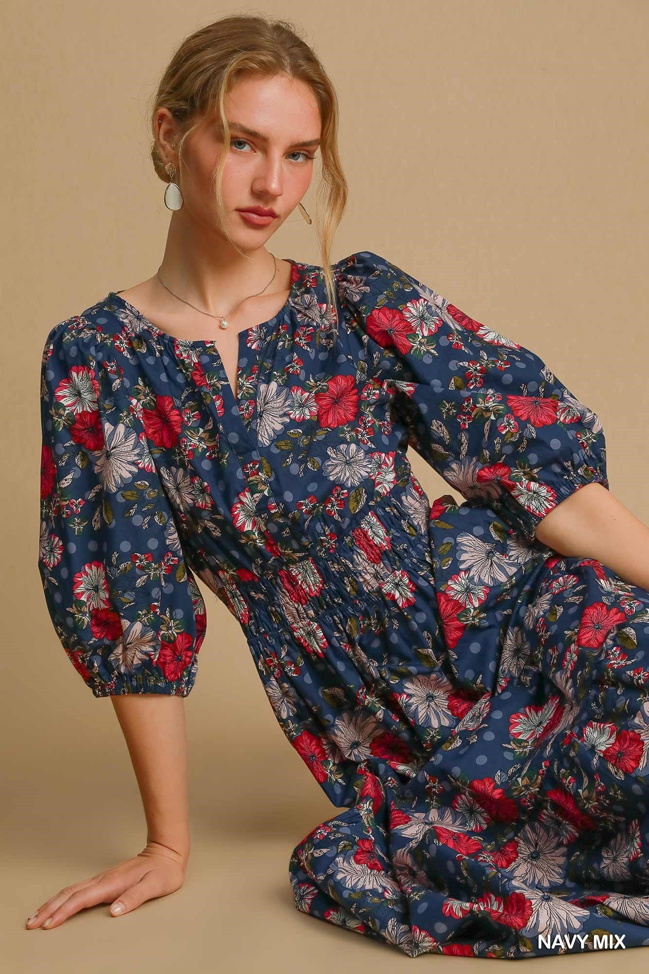 Split Neck Floral Print Tiered Maxi Dress