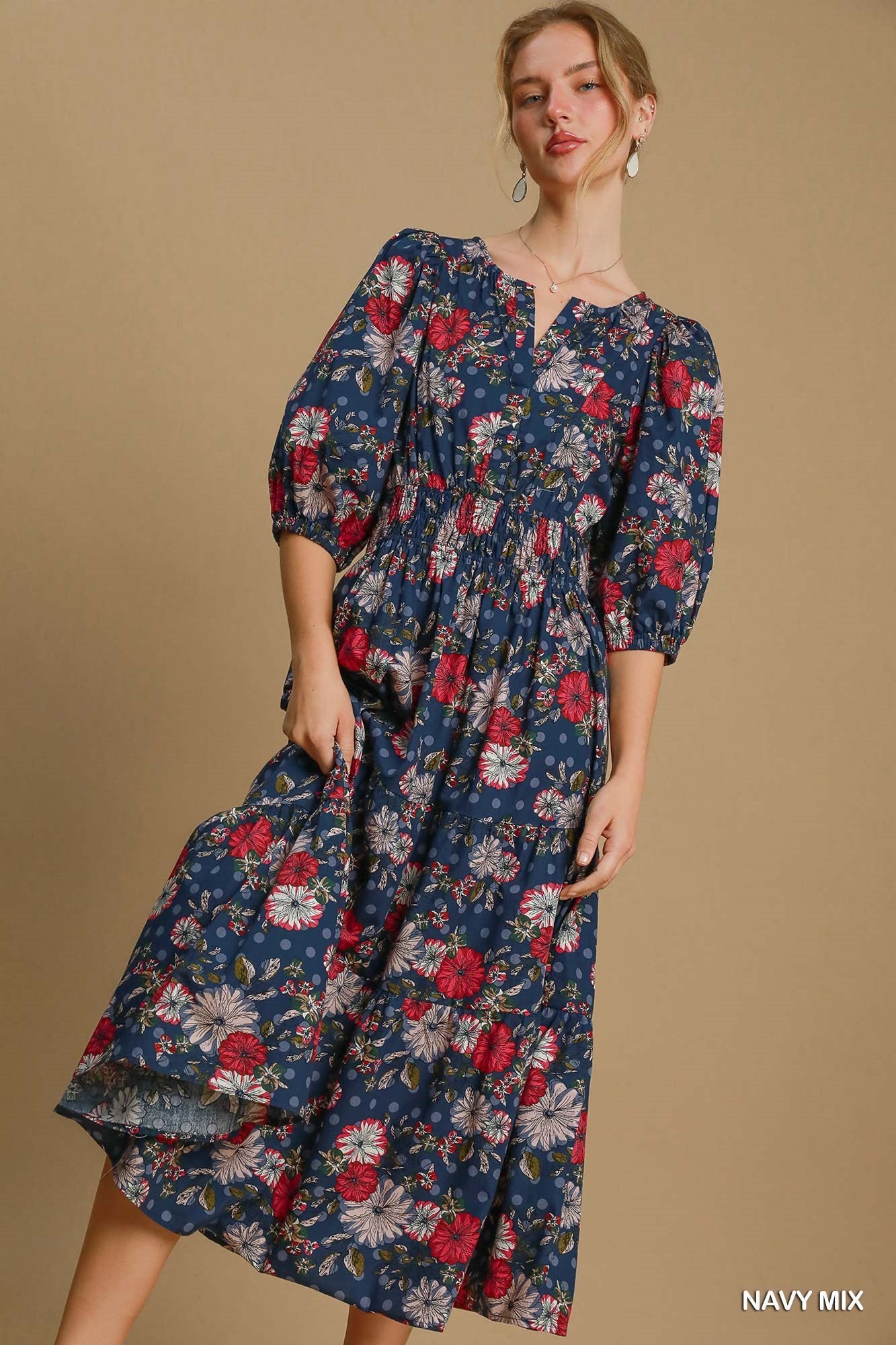 Split Neck Floral Print Tiered Maxi Dress