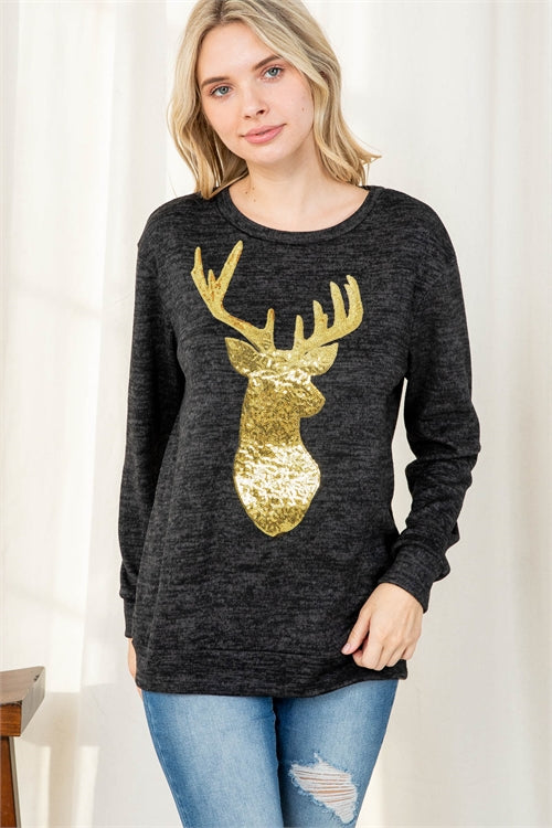 Sequin Reindeer Hacci Long Sleeve Top