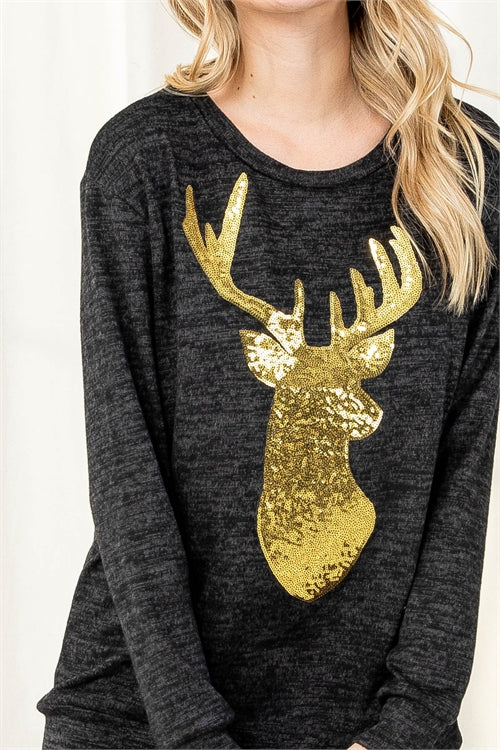 Sequin Reindeer Hacci Long Sleeve Top