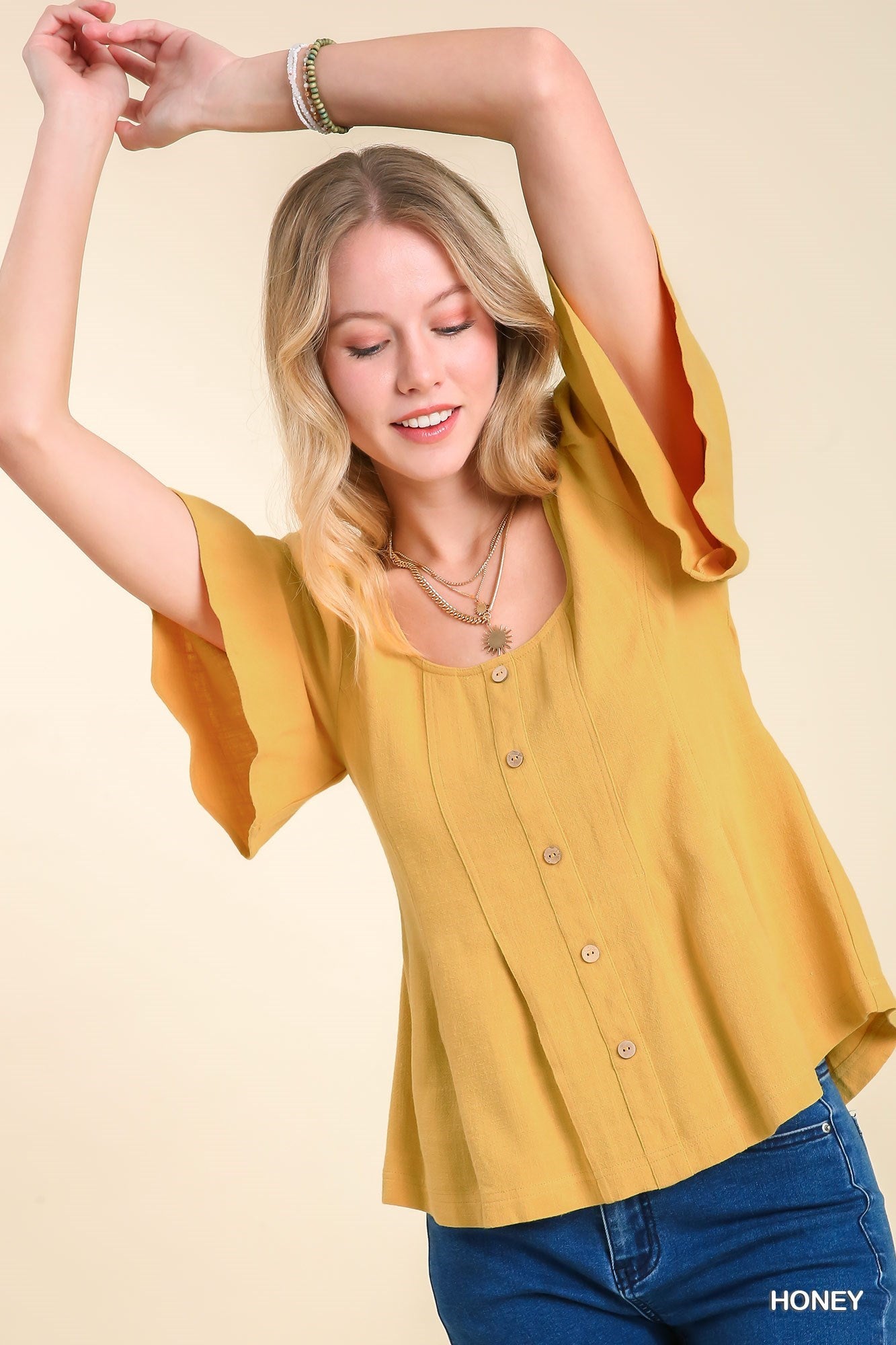 Linen Blend Bell Sleeve Top