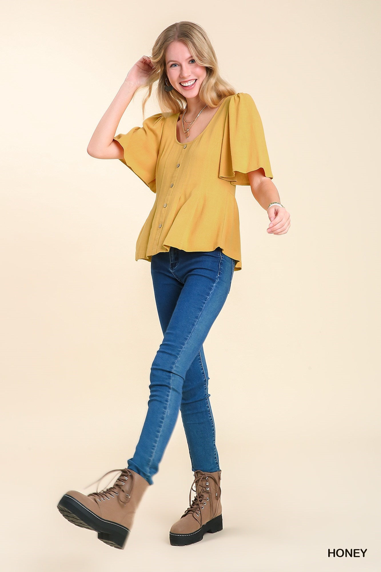 Linen Blend Bell Sleeve Top