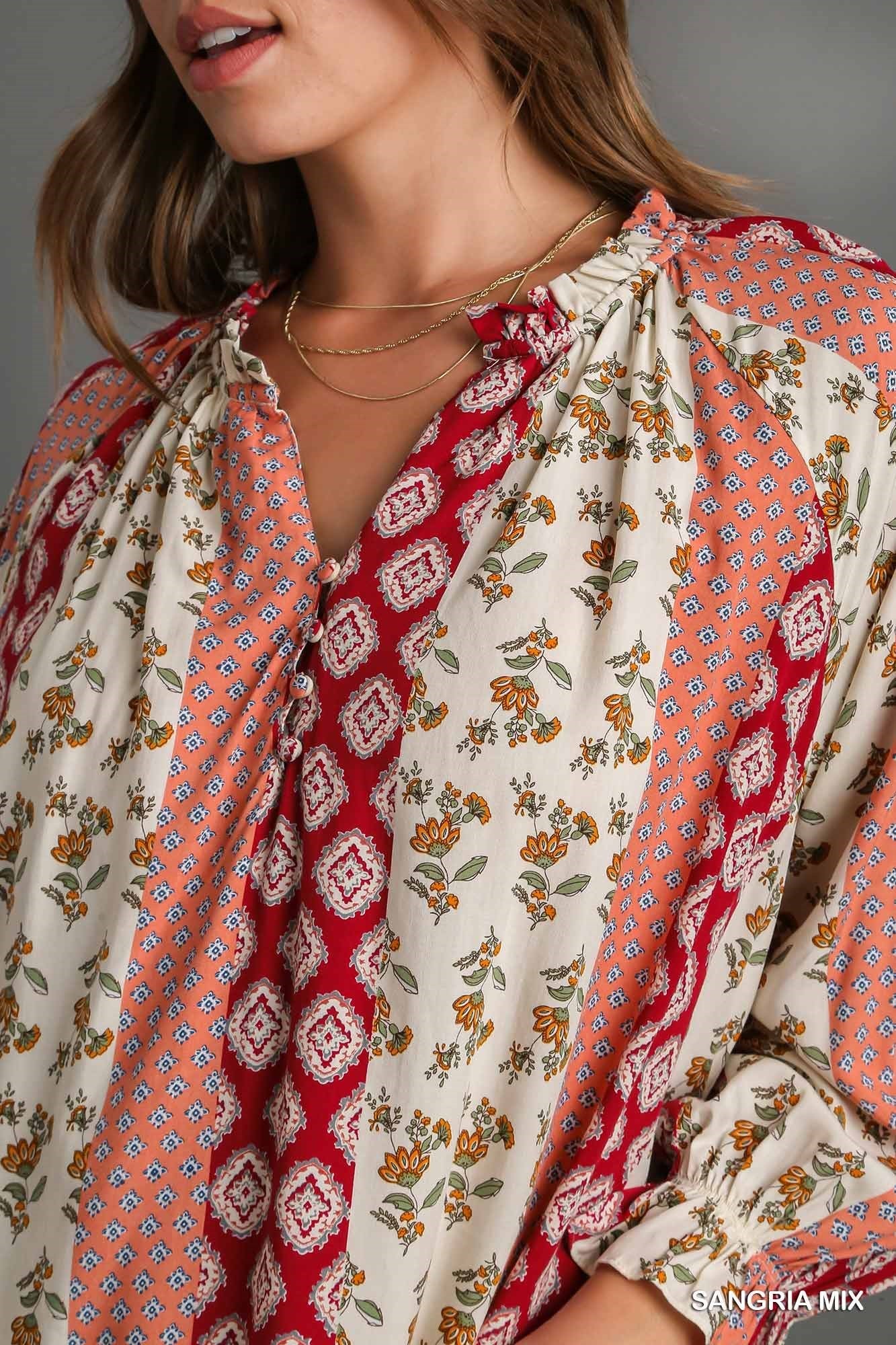 Ruffled Neck Mixed Print Blouse