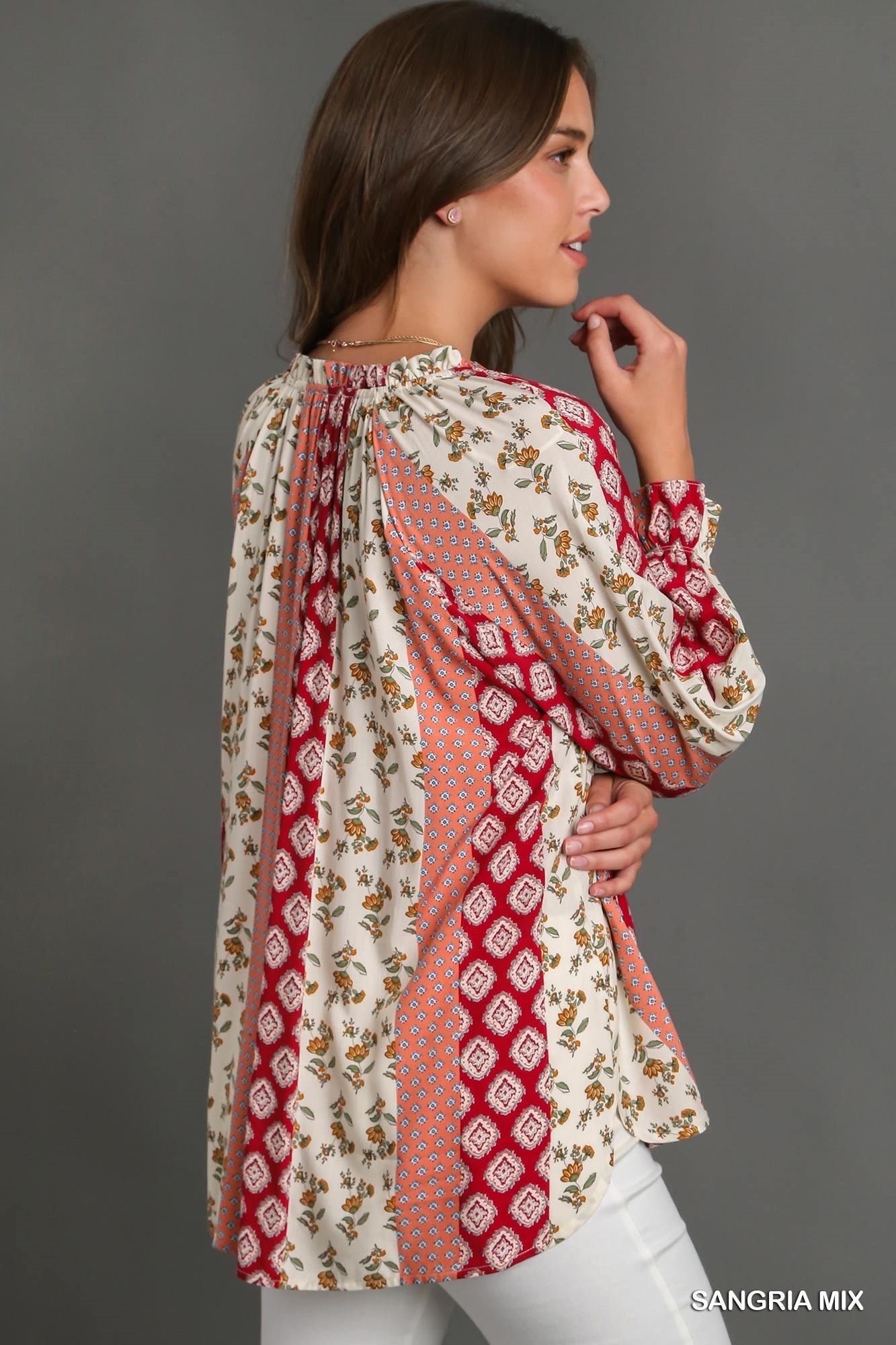 Ruffled Neck Mixed Print Blouse